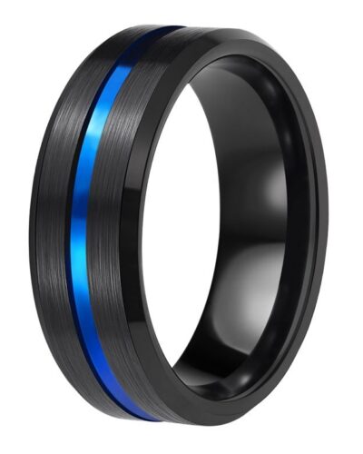 Black Mens Tungsten Ring with Blue Channel