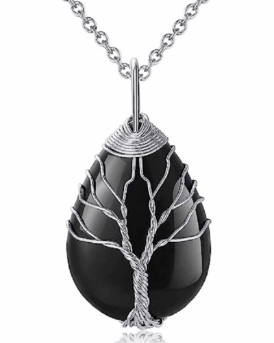 Tree of Life Teardrop Healing Crystal Pendants Metal Chain