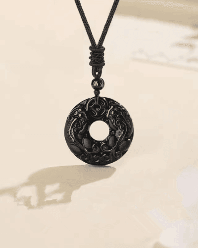 Minimalist Black Obsidian Peace Buckle Pendant Necklace