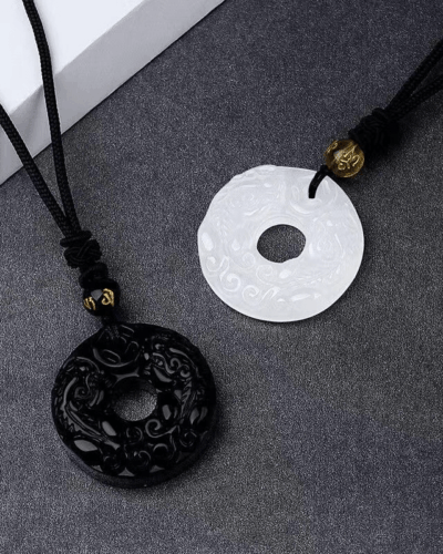 Minimalist Black Obsidian Peace Buckle Pendant Necklace