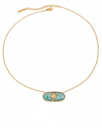 Boho Style Stainless Steel Oval Pendant Necklace with Shell GREEN