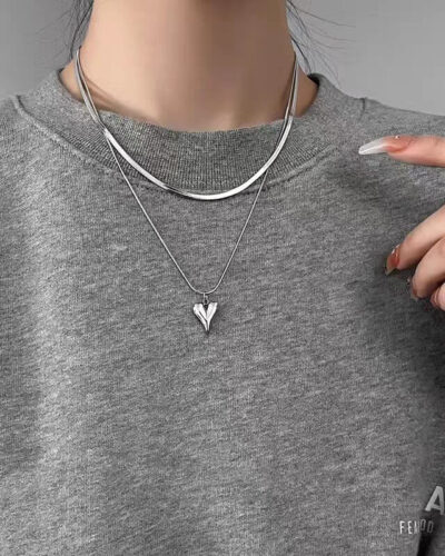 Alternative view of Chic Double-Layer Stainless Steel Heart Pendant Necklace Bulk