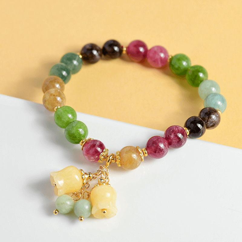 Colorful Tourmaline Bracelet with Bell Orchid Pendant