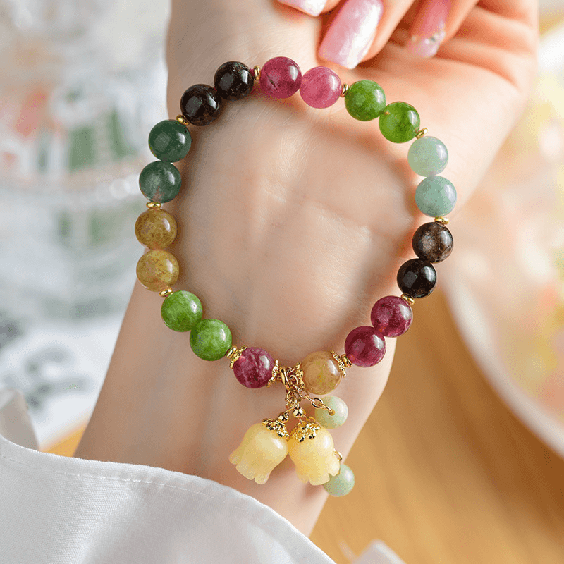 Colorful Tourmaline Bracelet with Bell Orchid Pendant