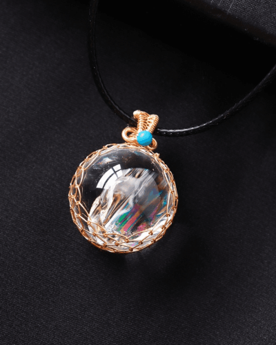 Copper Wire Wrapped Clear Crystal Quartz Ball Pendant Necklace