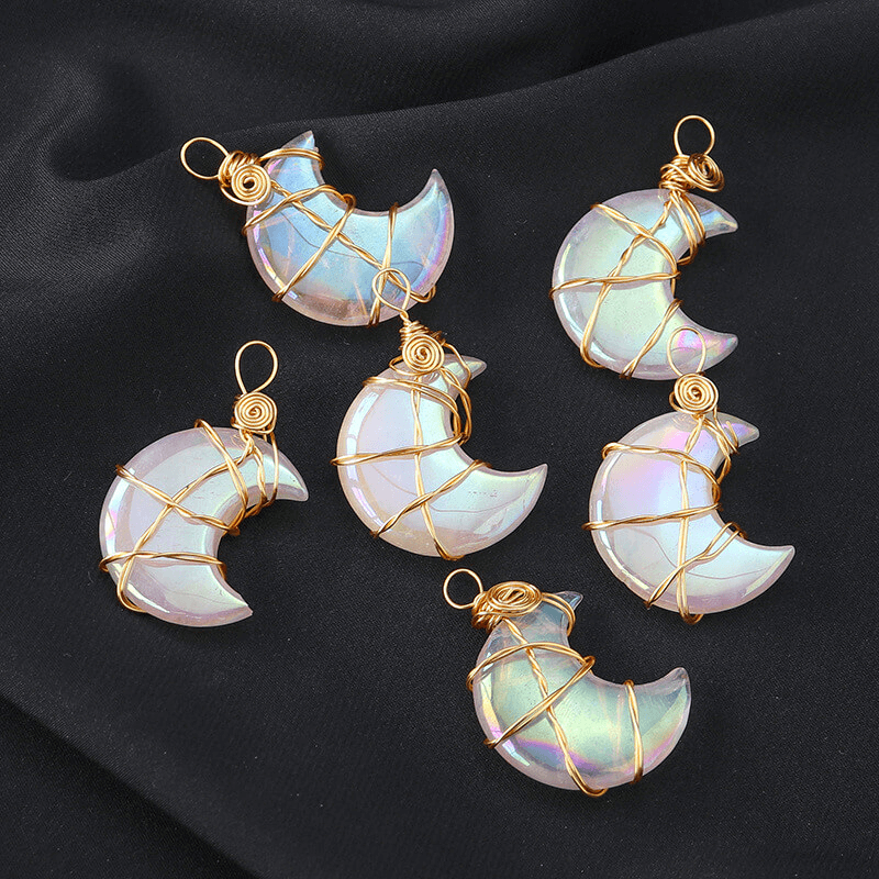 Copper Wire-Wrapped Moon Crystal Pendants Wholesale
