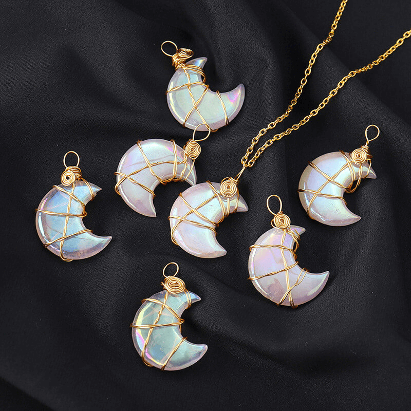 Copper Wire-Wrapped Moon Crystal Pendants Wholesale