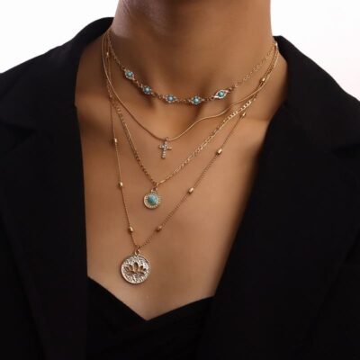 Cross Turquoise Pendant Stackable Necklaces Gold Wholesale (6)