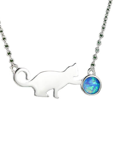 Cute Cat with Blue Opal Pendant Necklace