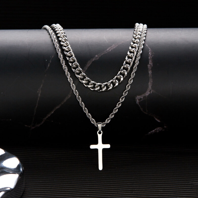 Double Layers Stainless Steel Cuban Link Chain with Cross style 1