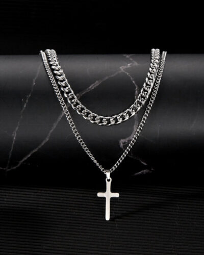 Double Layers Stainless Steel Cuban Link Chain with Cross style 2