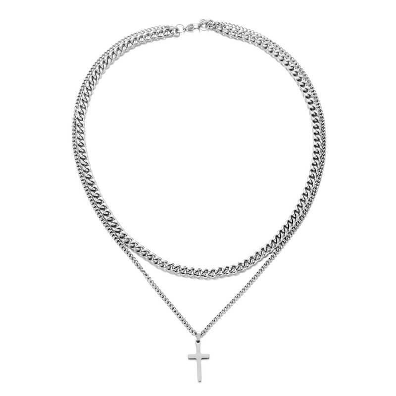 Double Layers Stainless Steel Cuban Link Chain with Cross SHOW