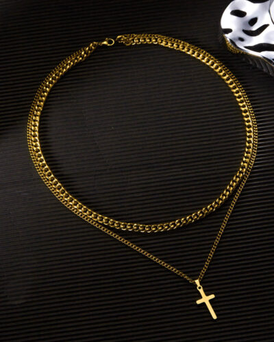 Double Layers Stainless Steel Cuban Link Chain with Cross style 3