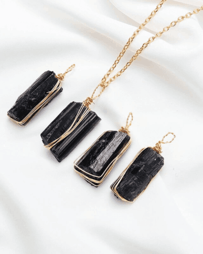 Wire-Wrapped Raw Stone Black Tourmaline Necklace Wholesale
