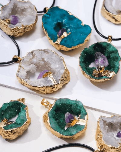 Gold-Rimmed Hollow Large Crystal Cluster Pendant