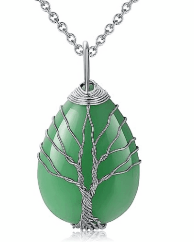Tree of Life Teardrop Healing Crystal Pendants Metal Chain
