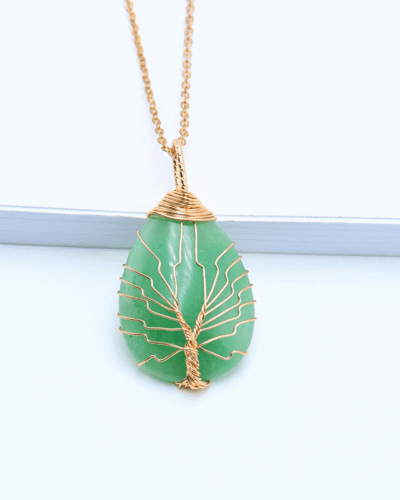 Tree of Life Teardrop Healing Crystal Pendants Metal Chain