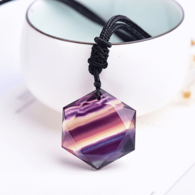 Hexagon-Carved Crystal Rainbow Fluorite Necklace
