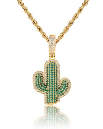 Hip-hop Men's Zircon Inlaid Diamond Cactus Necklace-gold plated