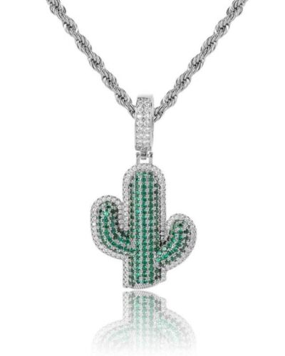 Hip-hop Men's Zircon Inlaid Diamond Cactus Necklace-white gold plated