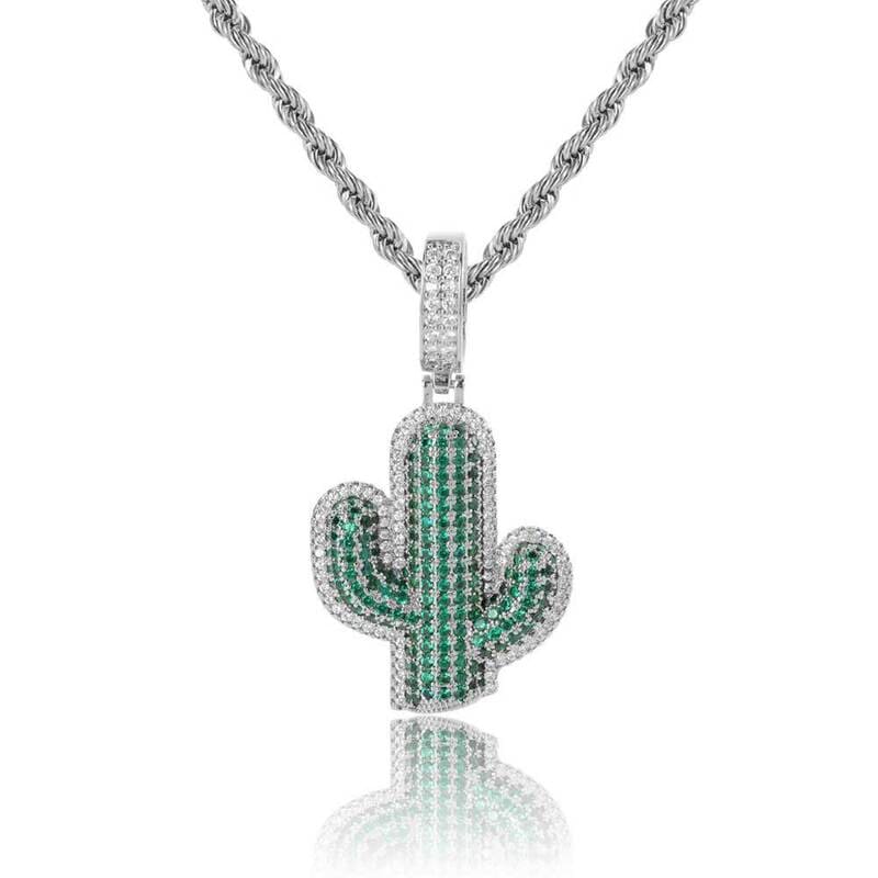 Hip-hop Men's Zircon Inlaid Diamond Cactus Necklace-white gold plated