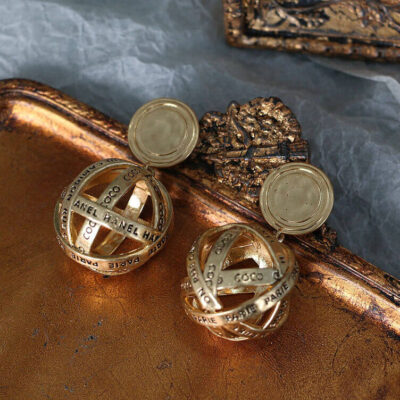 Hollowed Gold Ball Drop Earrings with Letters