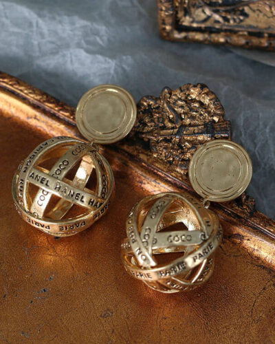 Hollowed Gold Ball Drop Earrings with Letters