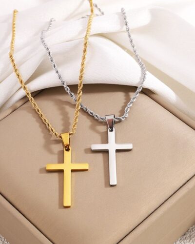 Mens Steel Cross Necklace with Rope Chain