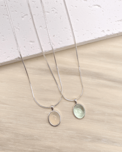Minimalist Oval White Chalcedony Aquamarine Pendant Necklace