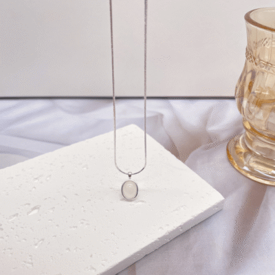 Minimalist Oval White Chalcedony Aquamarine Crystal Necklace