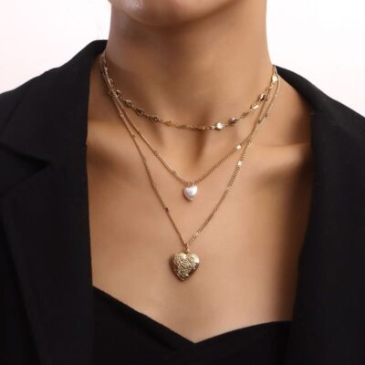 Multi-layered Heart Necklace Pearl Detachable Pendant (3)
