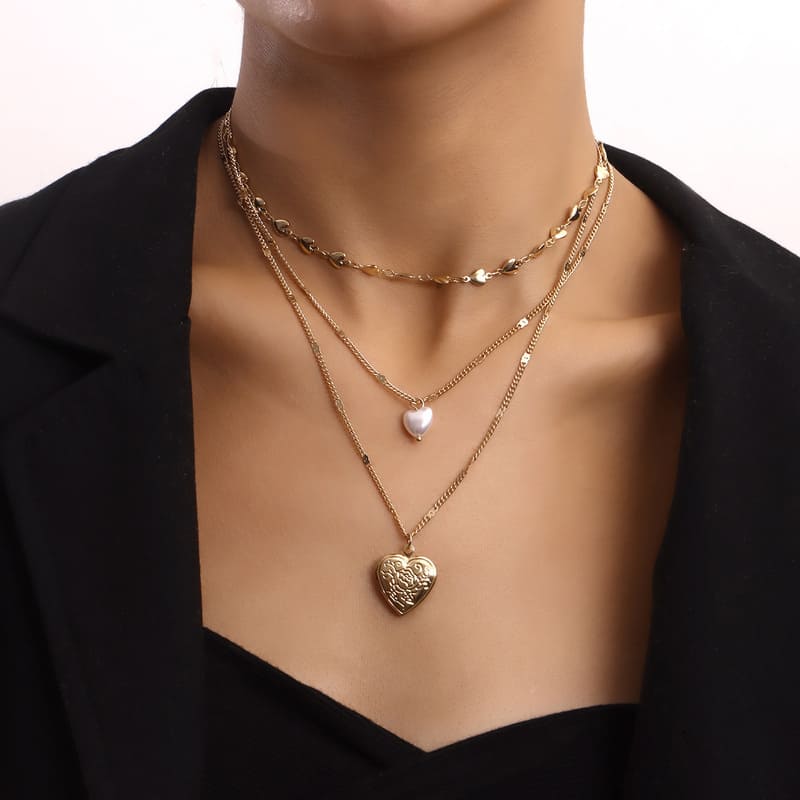 Multi-layered Heart Necklace Pearl Detachable Pendant (3)
