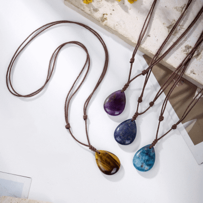 Natural Crystal Pendant Adjustable Woven Necklace Unisex