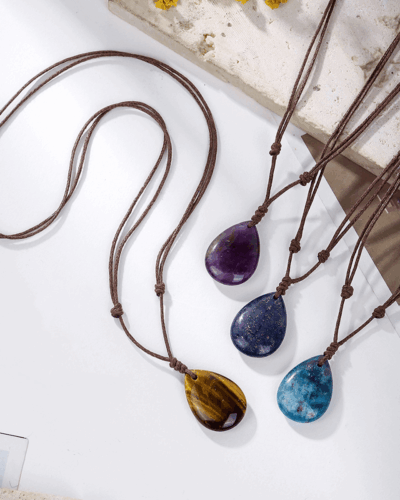 Natural Crystal Pendant Adjustable Woven Necklace Unisex