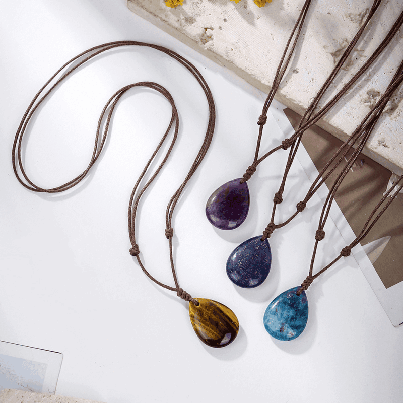 Natural Crystal Pendant Adjustable Woven Necklace Unisex