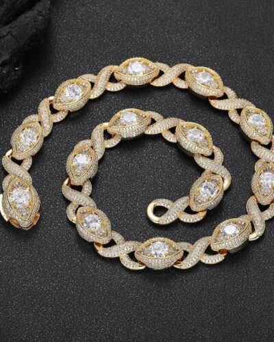 15mm Infinite Eyes Cuban Chain Link Necklace Bracelet Inlaid Zircon