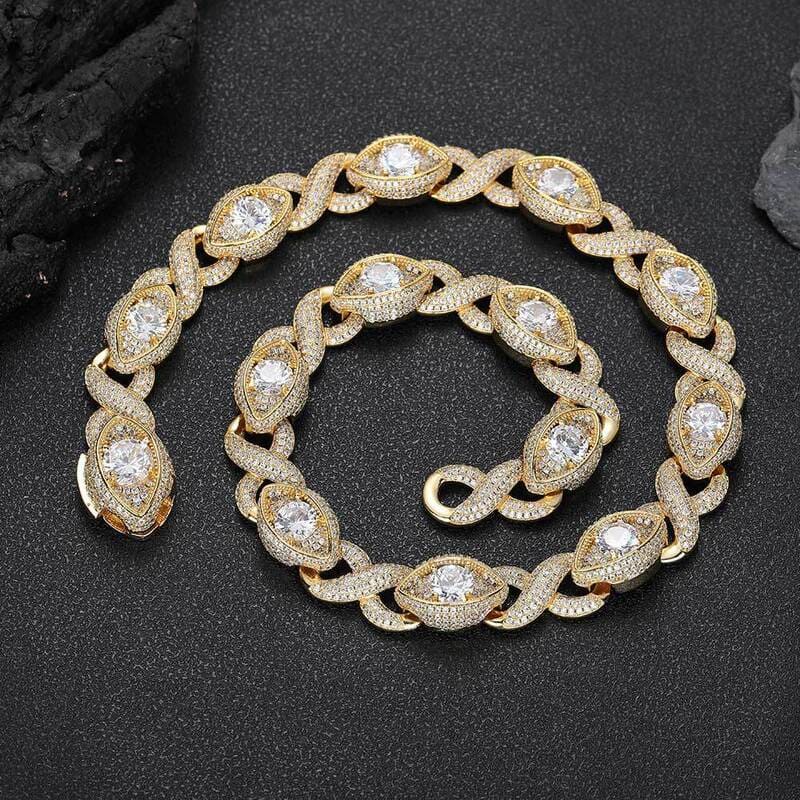 15mm Infinite Eyes Cuban Chain Link Necklace Bracelet Inlaid Zircon