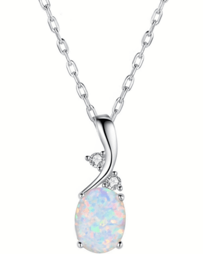 Oval Synthetic Opal Pendant Necklace Alloy Chain for Her