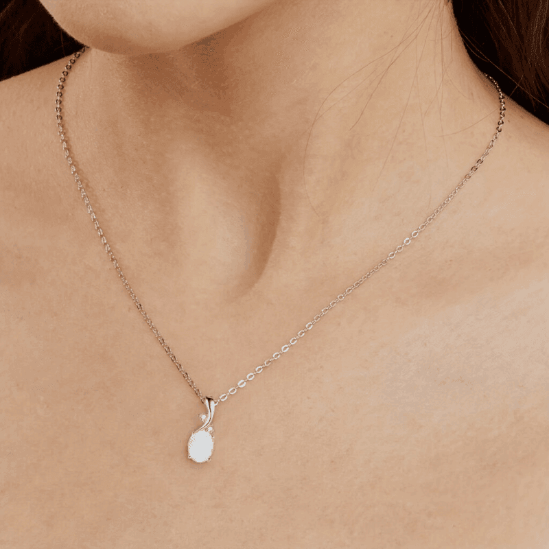 Oval Synthetic Opal Pendant Necklace Alloy Chain for Her