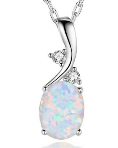Oval Synthetic Opal Pendant Necklace Alloy Chain for Her