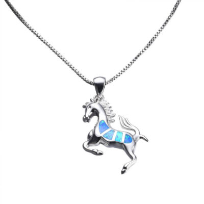 Personalized 925 Sterling Silver Horse Necklace with Opal