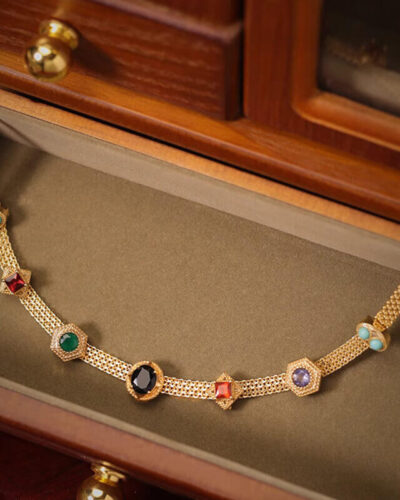 Rainbow Gemstones Vintage Gold Plated Necklace SHOW