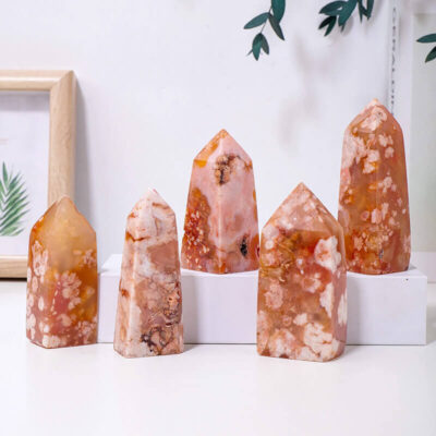 Red Cherry Blossom Agate 4 Faceted Crystal Tower
