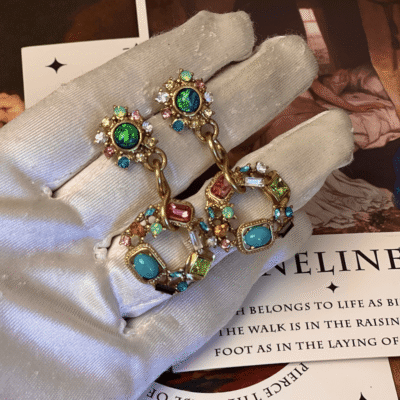 Retro Gold Plated Drop Earring with Rainbow Gems