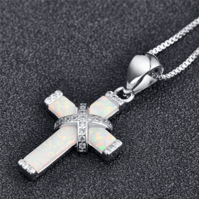 Silvery Alloy Chain Opal Cross Pendant Necklace