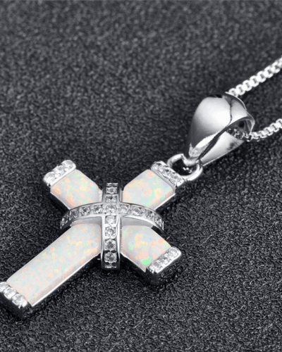 Silvery Alloy Chain Opal Cross Pendant Necklace