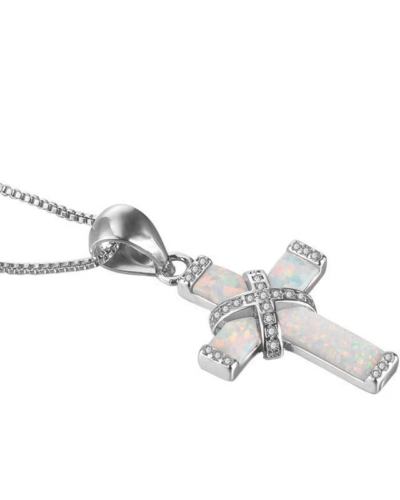 Silvery Alloy Chain Opal Cross Pendant Necklace