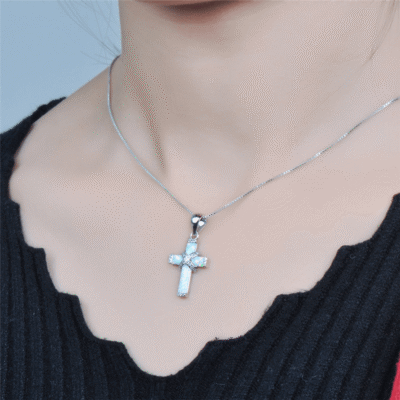 Silvery Alloy Chain Opal Cross Pendant Necklace