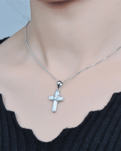 Silvery Alloy Chain Opal Cross Pendant Necklace