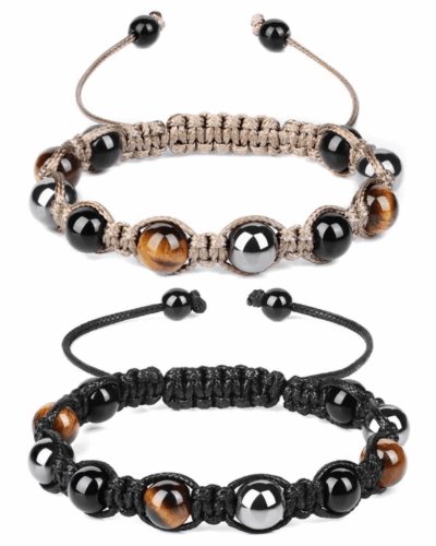 Unisex Black Obsidian Hematite Tiger Eye Woven Bracelets Set